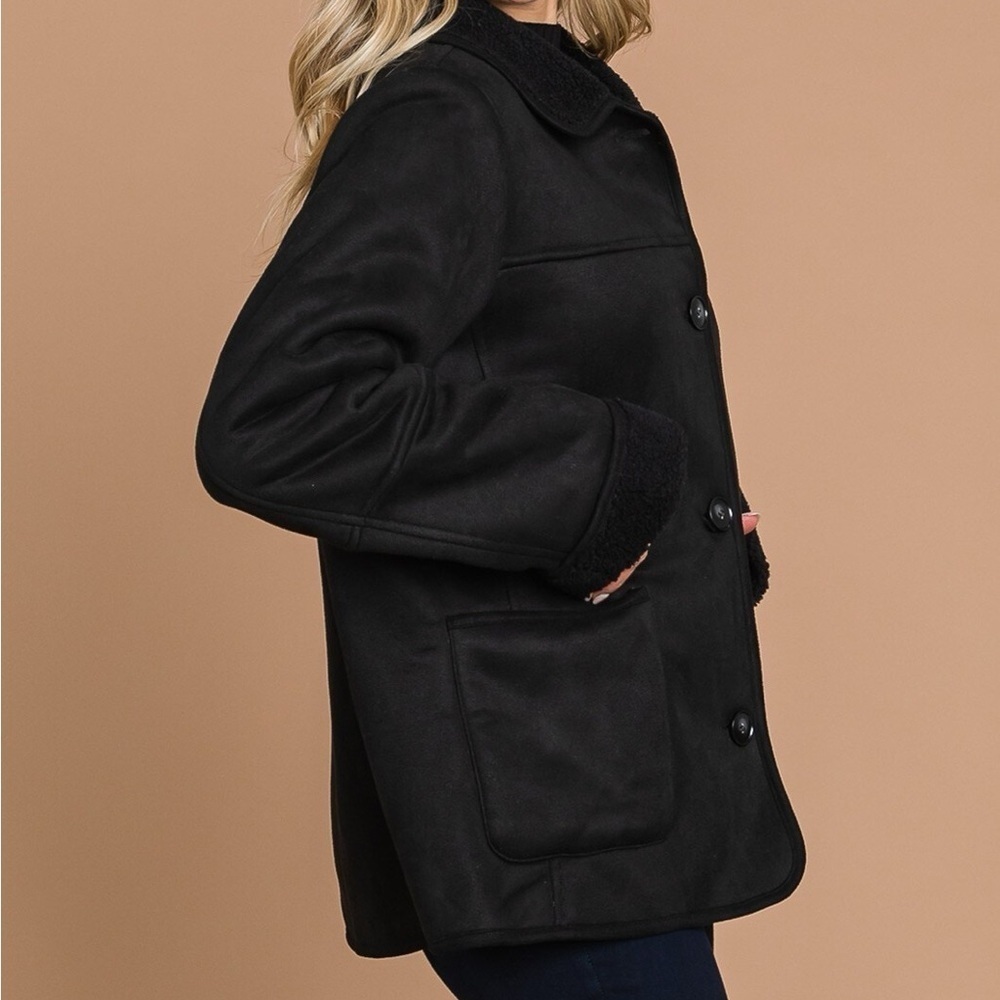 Black Faux Suede Jacket with Faux Fur Lining - Picture 6 of 6
